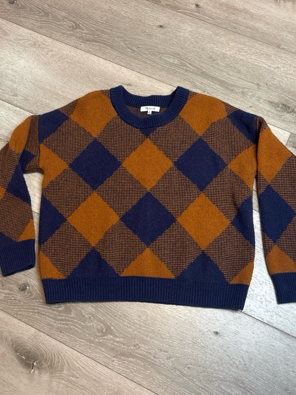 Madewell Mullen Wool Blend Argyle Plaid Boxy Crewneck Sweater Golden Pecan M